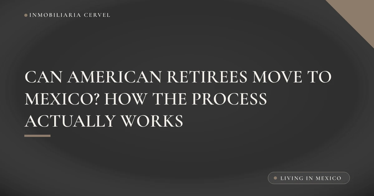 Illustration of an American retiree couple relocating to Mexico, with paperwork and a highland town in the background