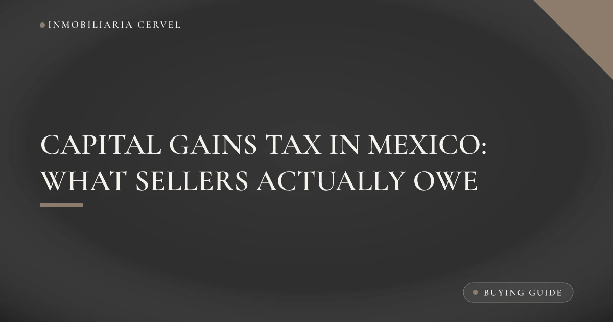 Illustration about capital gains tax in Mexico when selling a property, showing a home, a deed and a notary calculating the tax